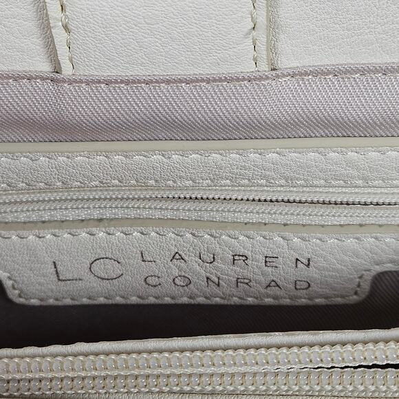 Lauren Conrad Ivory Sherpa Side Faux Leather Satchel Bag Gold Hardware Winter - Picture 6 of 9